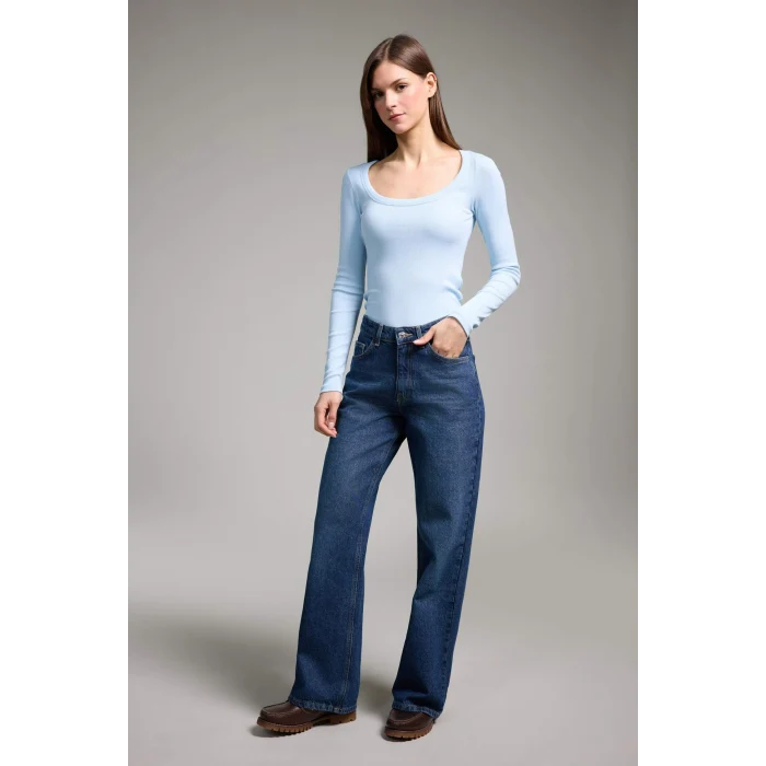 Defacto G8479AXBE366 Mavi Slım Fıt Yuvarlak Yaka Basıc Düz Fitilli Kaşkorse Uzun Kollu Tişört