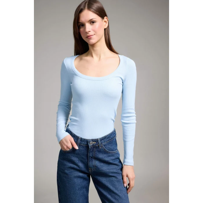 Defacto G8479AXBE366 Mavi Slım Fıt Yuvarlak Yaka Basıc Düz Fitilli Kaşkorse Uzun Kollu Tişört