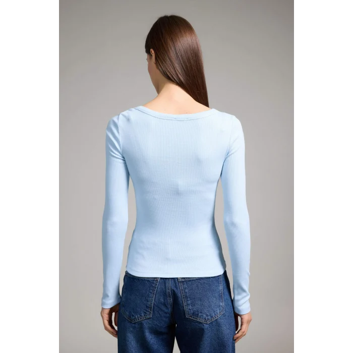 Defacto G8479AXBE366 Mavi Slım Fıt Yuvarlak Yaka Basıc Düz Fitilli Kaşkorse Uzun Kollu Tişört