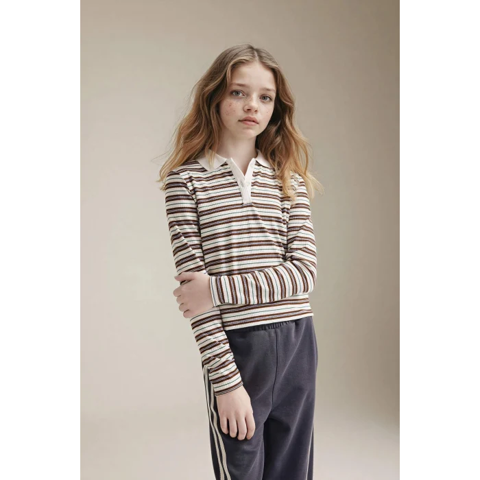 Defacto G0874A8BN319 Kahve Slım Fıt Fitilli Çizgili Kaşkorse Polo Tişört Kız Çocuk