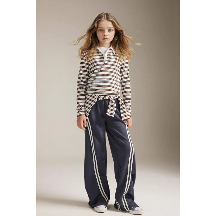 Defacto G0874A8BN319 Kahve Slım Fıt Fitilli Çizgili Kaşkorse Polo Tişört Kız Çocuk