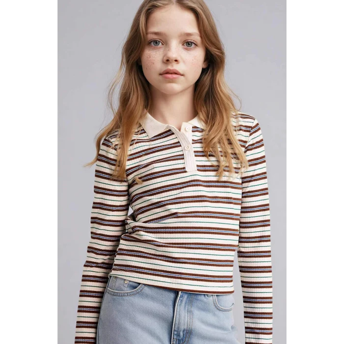 Defacto G0874A8BN319 Kahve Slım Fıt Fitilli Çizgili Kaşkorse Polo Tişört Kız Çocuk