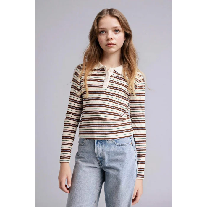 Defacto G0874A8BN319 Kahve Slım Fıt Fitilli Çizgili Kaşkorse Polo Tişört Kız Çocuk