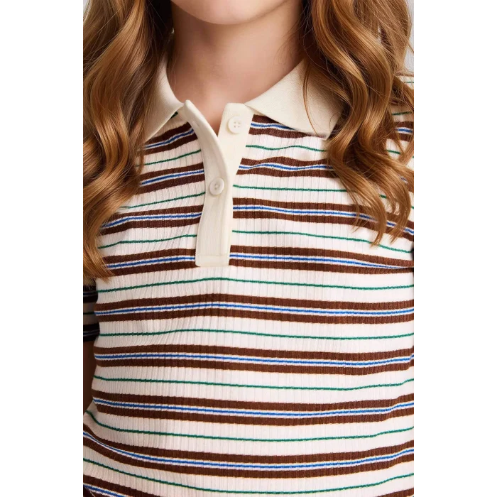 Defacto G0874A8BN319 Kahve Slım Fıt Fitilli Çizgili Kaşkorse Polo Tişört Kız Çocuk