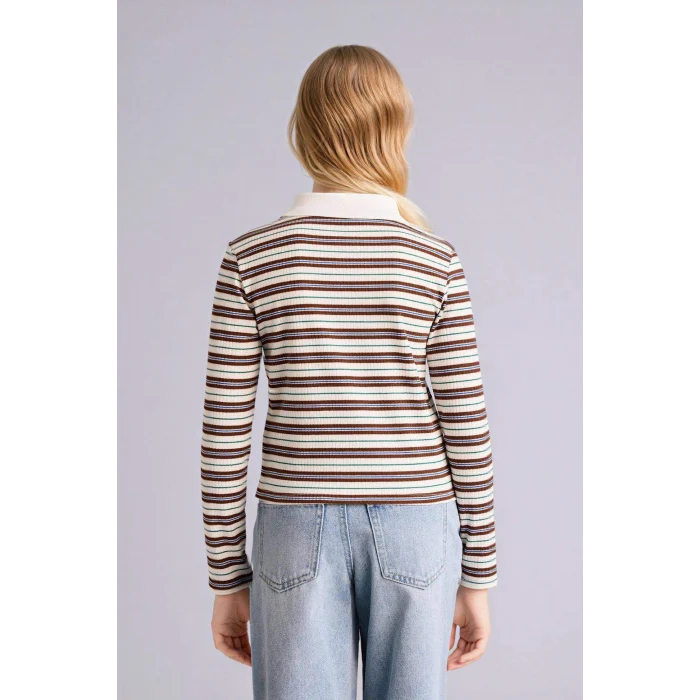 Defacto G0874A8BN319 Kahve Slım Fıt Fitilli Çizgili Kaşkorse Polo Tişört Kız Çocuk