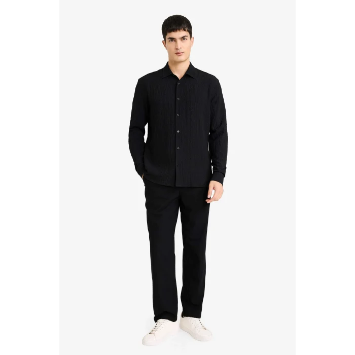 Defacto D7246AXBK27 Siyah Modern Fıt Polo Yaka Dokuma Uzun Kollu Gömlek