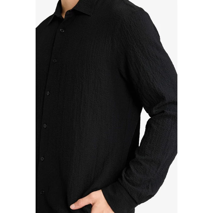 Defacto D7246AXBK27 Siyah Modern Fıt Polo Yaka Dokuma Uzun Kollu Gömlek