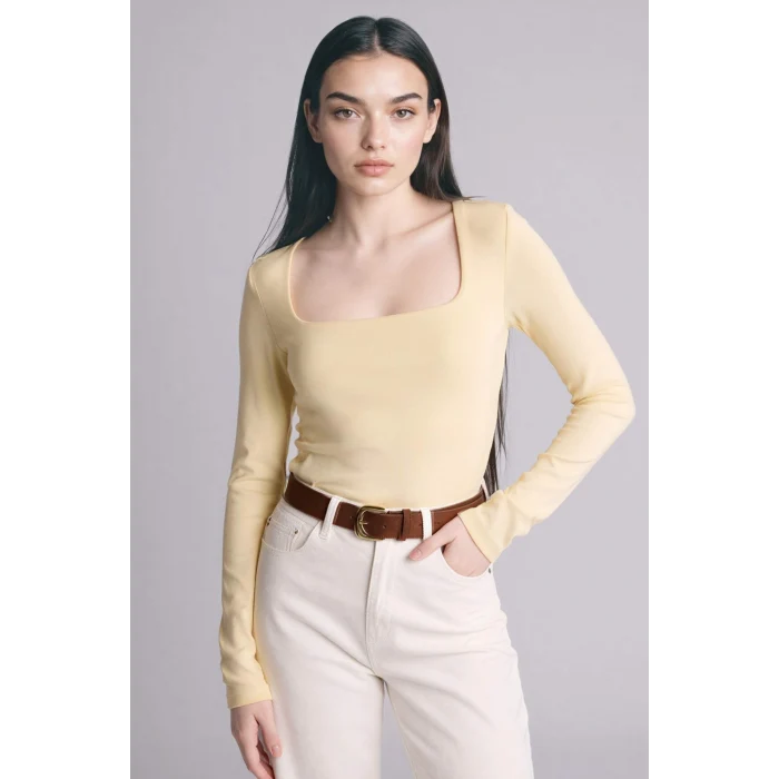 Defacto G8527AXYL240 Sarı Slım Fıt Kare Yaka Basıc Düz Modal Uzun Kollu Tişört