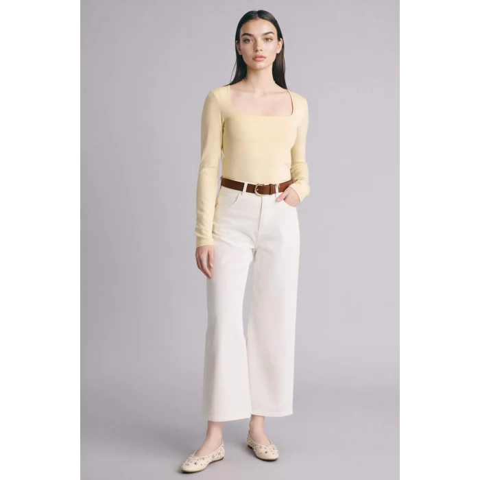 Defacto G8527AXYL240 Sarı Slım Fıt Kare Yaka Basıc Düz Modal Uzun Kollu Tişört