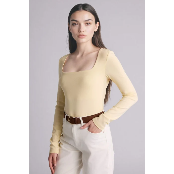 Defacto G8527AXYL240 Sarı Slım Fıt Kare Yaka Basıc Düz Modal Uzun Kollu Tişört