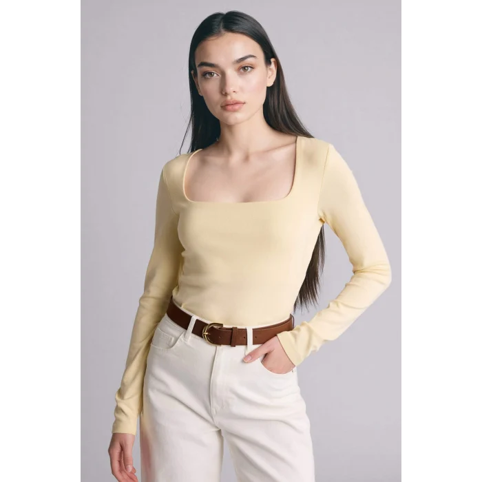 Defacto G8527AXYL240 Sarı Slım Fıt Kare Yaka Basıc Düz Modal Uzun Kollu Tişört