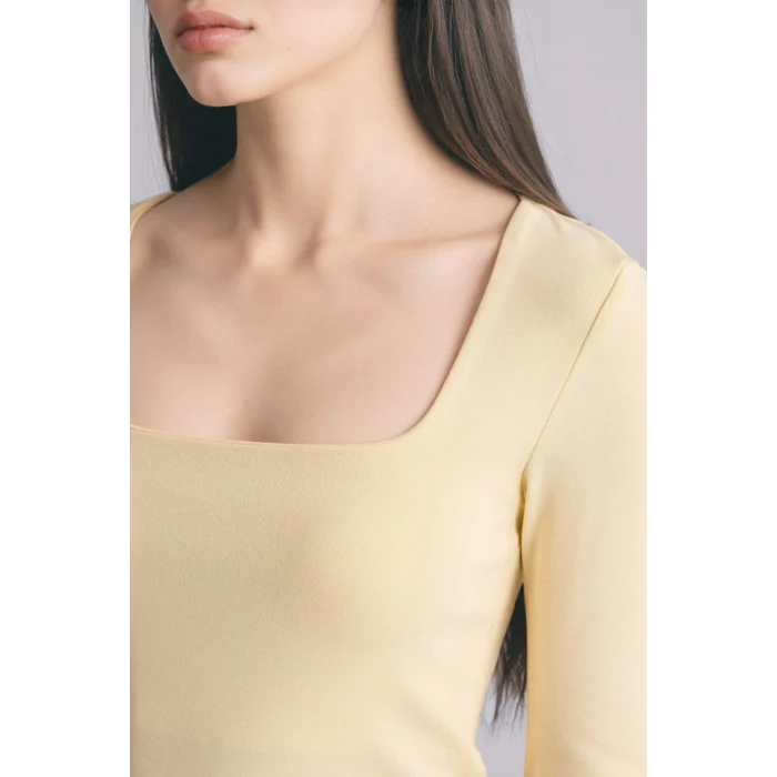 Defacto G8527AXYL240 Sarı Slım Fıt Kare Yaka Basıc Düz Modal Uzun Kollu Tişört