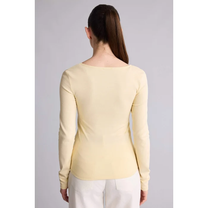 Defacto G8527AXYL240 Sarı Slım Fıt Kare Yaka Basıc Düz Modal Uzun Kollu Tişört