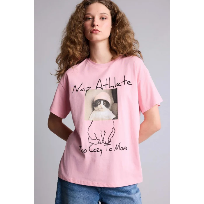 Defacto G9004AXPN636 Pembe Oversıze Bisiklet Yaka Baskılı Kısa Kollu Tişört