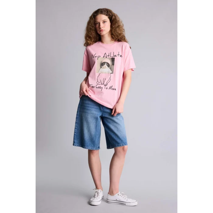 Defacto G9004AXPN636 Pembe Oversıze Bisiklet Yaka Baskılı Kısa Kollu Tişört