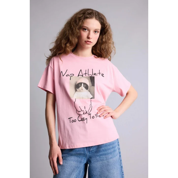 Defacto G9004AXPN636 Pembe Oversıze Bisiklet Yaka Baskılı Kısa Kollu Tişört
