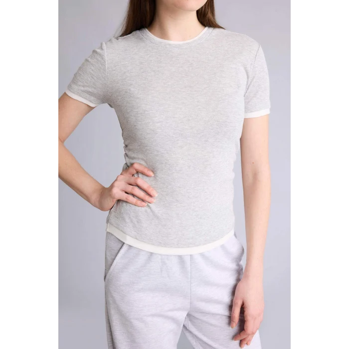 Defacto F3504AXGR93 Gri Slım Fıt Ribana Tişört