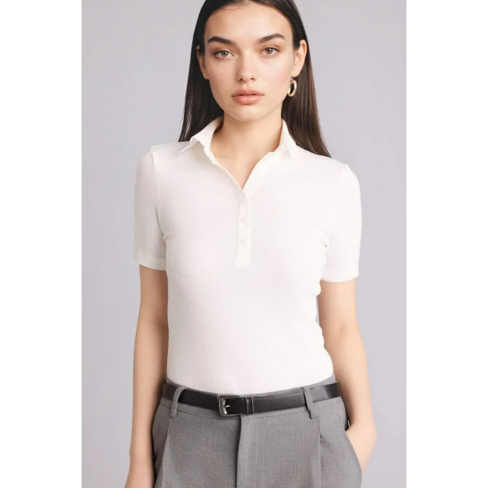 Defacto C6249AXWT32 Beyaz Slım Fıt Polo Yaka Fitilli Kaşkorse Tişört