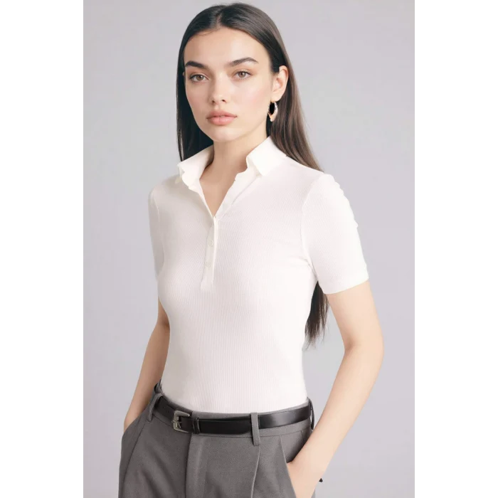 Defacto C6249AXWT32 Beyaz Slım Fıt Polo Yaka Fitilli Kaşkorse Tişört