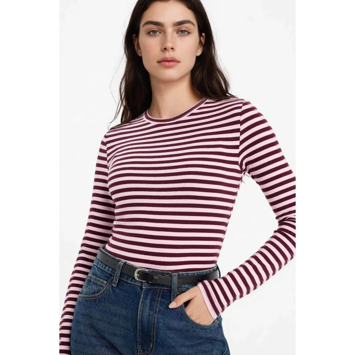 Defacto G8089AXPN74 Pembe Loose Fıt Kayık Yaka Ribana Uzun Kollu Tişört