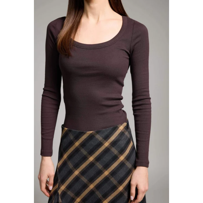 Defacto G8479AXBN340 Kahve Slım Fıt Yuvarlak Yaka Basıc Düz Fitilli Kaşkorse Uzun Kollu Tişört