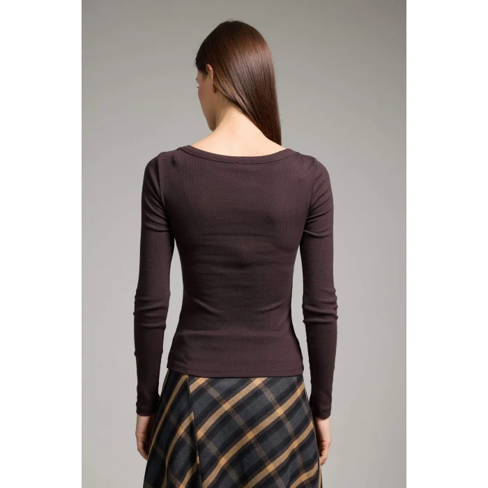 Defacto G8479AXBN340 Kahve Slım Fıt Yuvarlak Yaka Basıc Düz Fitilli Kaşkorse Uzun Kollu Tişört