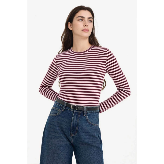 Defacto G8089AXPN74 Pembe Loose Fıt Kayık Yaka Ribana Uzun Kollu Tişört