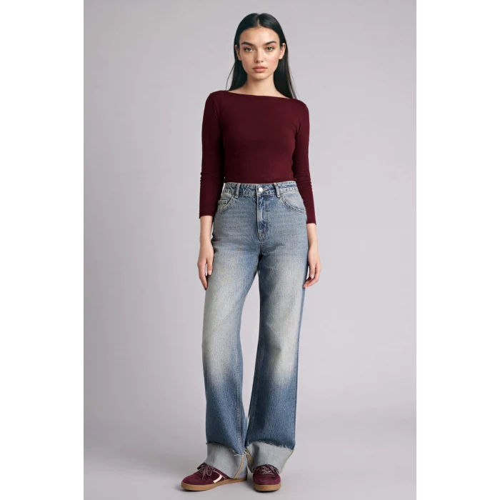 Defacto G9577AXBR171 Bordo Slım Fıt Kayık Yaka Uzun Kollu Tişört