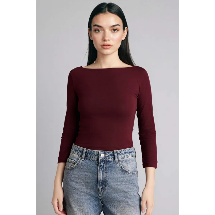 Defacto G9577AXBR171 Bordo Slım Fıt Kayık Yaka Uzun Kollu Tişört