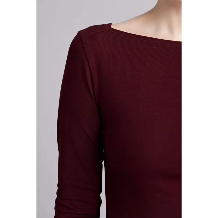 Defacto G9577AXBR171 Bordo Slım Fıt Kayık Yaka Uzun Kollu Tişört