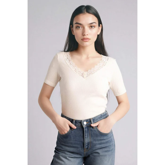 Defacto G9665AXER233 Ekru %100 Pamuk Slım Fıt Fıtilli Kaşkorse Tişört