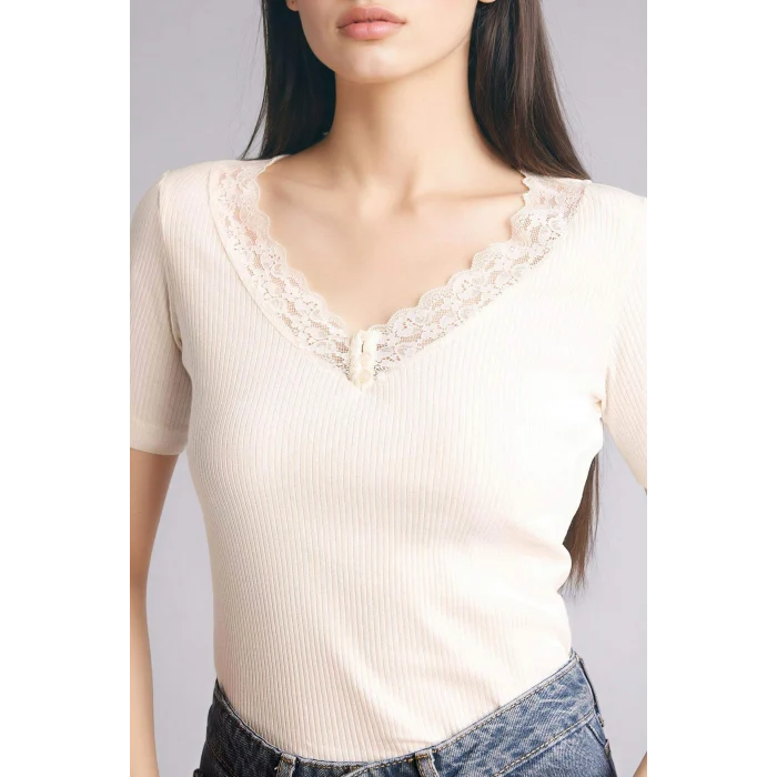 Defacto G9665AXER233 Ekru %100 Pamuk Slım Fıt Fıtilli Kaşkorse Tişört