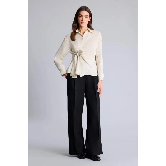 Defacto G9800AXBG807 Bej Oversıze Çizgili Tencel Gömlek