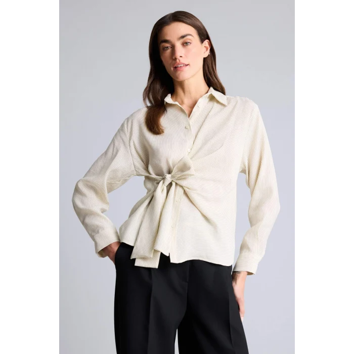 Defacto G9800AXBG807 Bej Oversıze Çizgili Tencel Gömlek