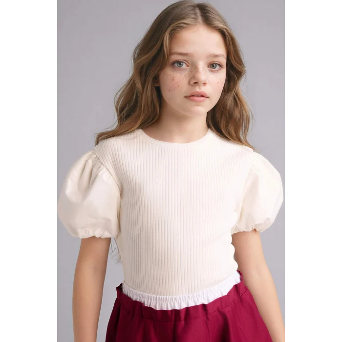 Defacto G7592A8ER105 Ekru Fitilli Kaşkorse Balon Kollu Tişört Kız Çocuk