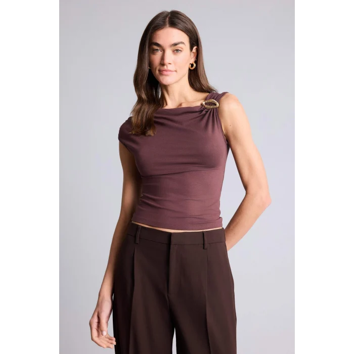 Defacto H1586AXBN334 Kahve Slım Fıt Kayık Yaka Kısa Kollu Tişört