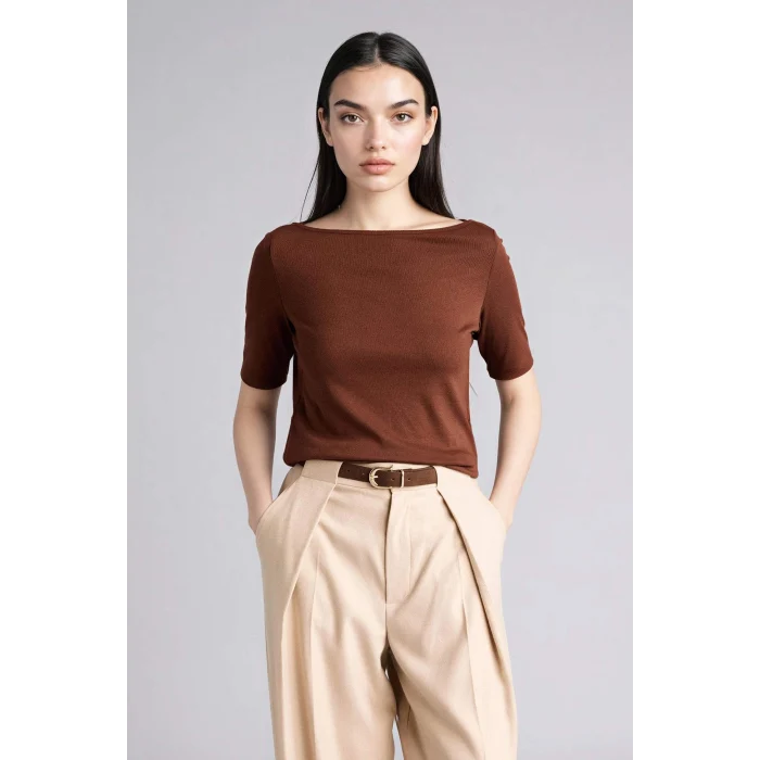 Defacto G9547AXBN320 Kahve Slım Fıt Kayık Yaka Ribana Tişört