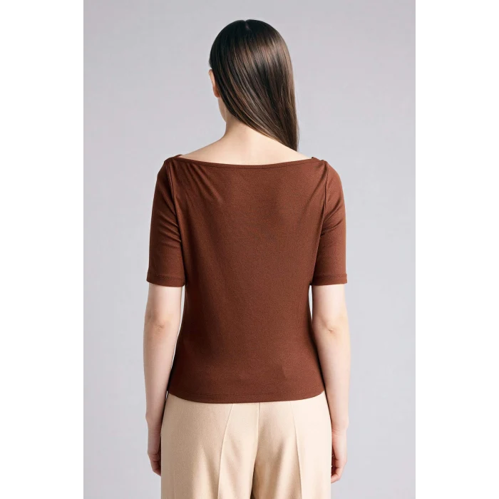 Defacto G9547AXBN320 Kahve Slım Fıt Kayık Yaka Ribana Tişört