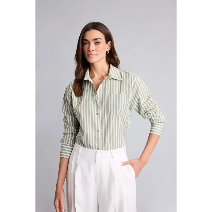 Defacto H1476AXKH461 Haki Oversıze Gömlek Yaka Çizgili Poplin Uzun Kollu Gömlek