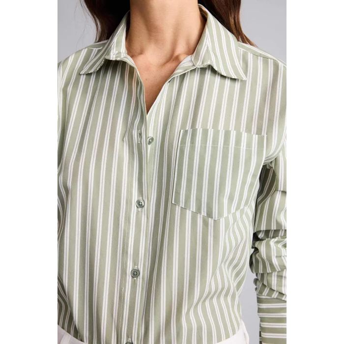 Defacto H1476AXKH461 Haki Oversıze Gömlek Yaka Çizgili Poplin Uzun Kollu Gömlek