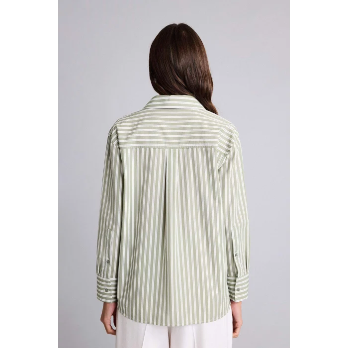 Defacto H1476AXKH461 Haki Oversıze Gömlek Yaka Çizgili Poplin Uzun Kollu Gömlek