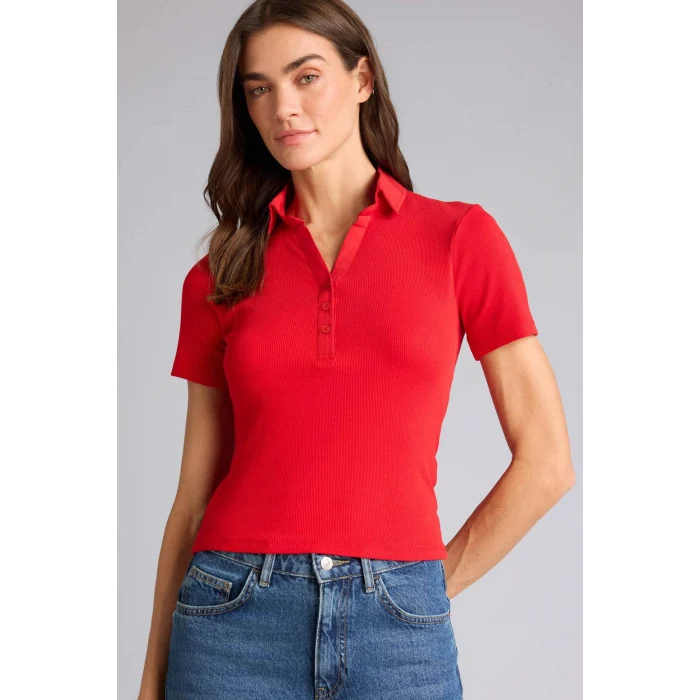 Defacto C6249AXRD256 Kırmızı Slım Fıt Polo Yaka Fitilli Kaşkorse Tişört