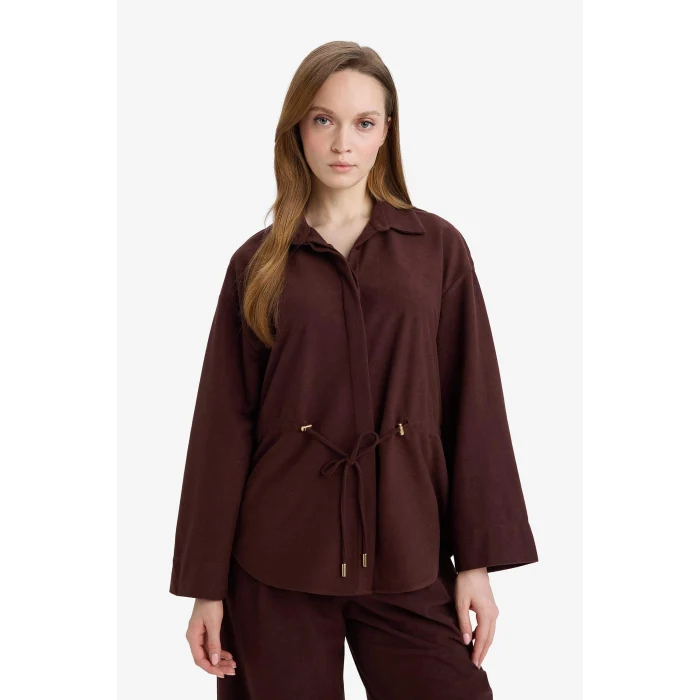 Defacto G7420AXBN328 Kahve Regular Fit Beli Lastikli Süet Uzun Kollu Gömlek