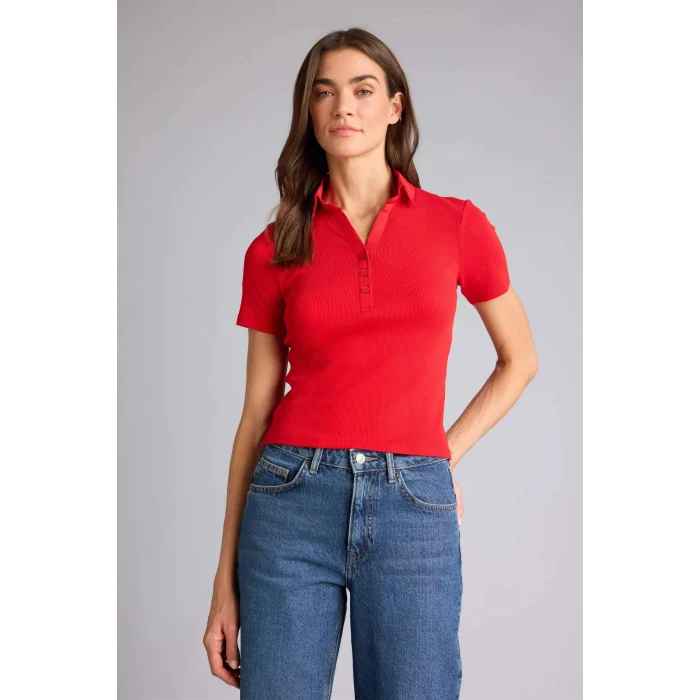 Defacto C6249AXRD256 Kırmızı Slım Fıt Polo Yaka Fitilli Kaşkorse Tişört