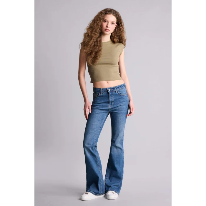 Defacto H1129AXKH436 Haki Fıtted Ribana Tişört