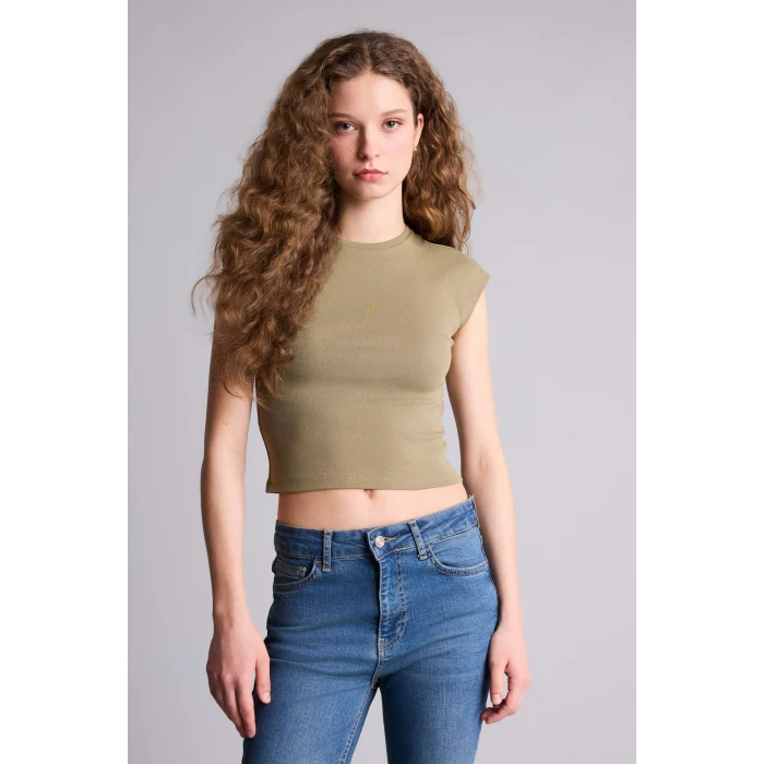 Defacto H1129AXKH436 Haki Fıtted Ribana Tişört