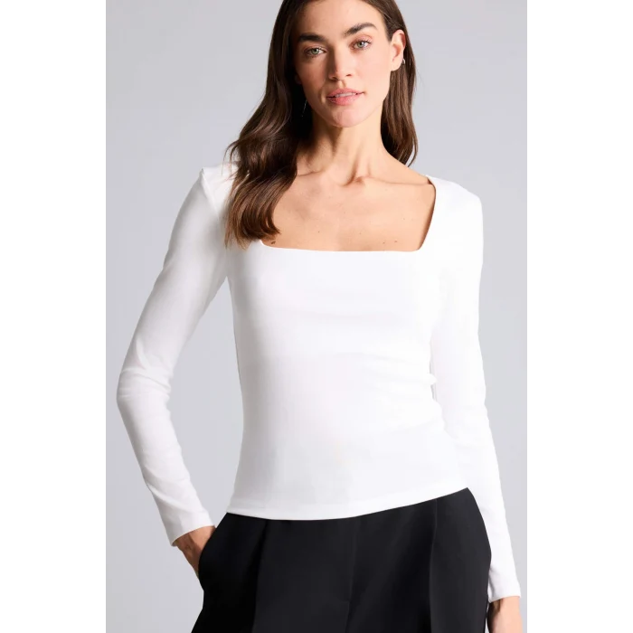 Defacto G8527AXER105 Ekru Slım Fıt Kare Yaka Basıc Düz Modal Uzun Kollu Tişört