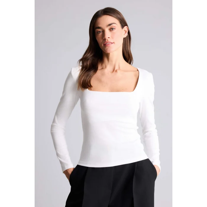 Defacto G8527AXER105 Ekru Slım Fıt Kare Yaka Basıc Düz Modal Uzun Kollu Tişört