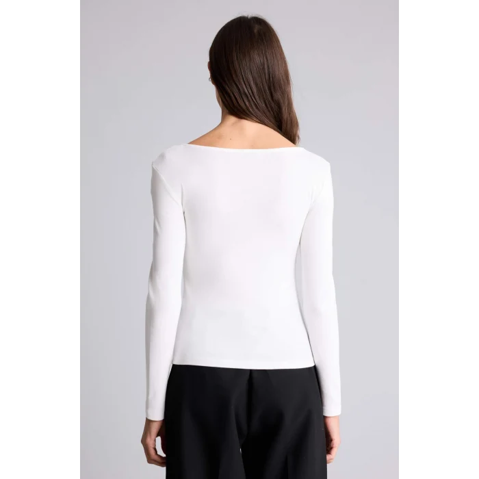 Defacto G8527AXER105 Ekru Slım Fıt Kare Yaka Basıc Düz Modal Uzun Kollu Tişört