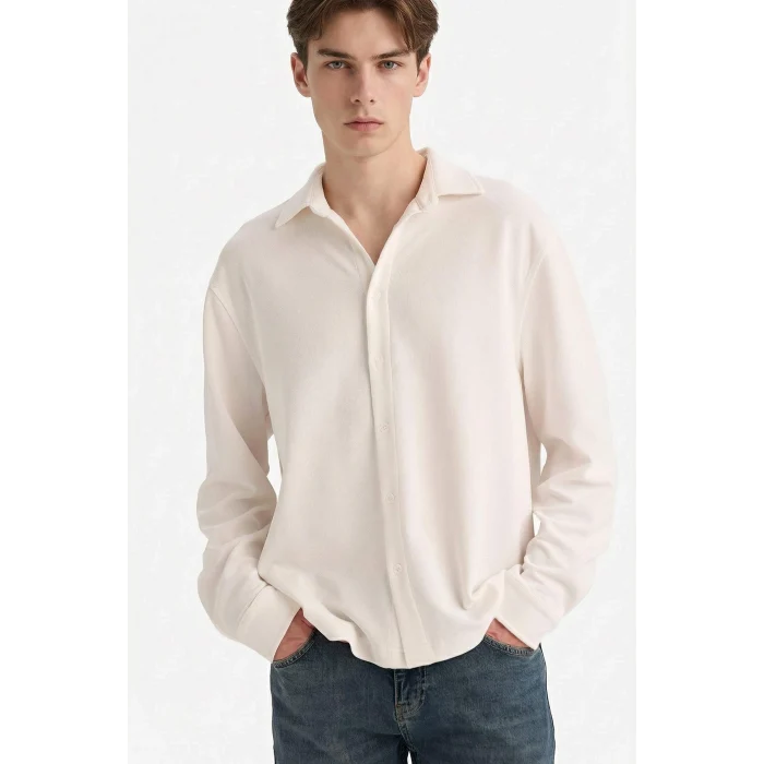 Defacto F8612AXER105 Ekru Boxy Fıt Polo Yaka Penye Gömlek